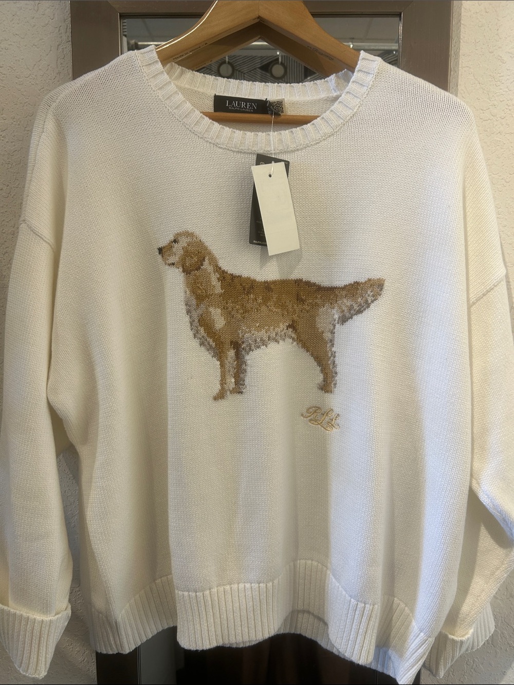 Lauren Ralph Lauren Cream Crewneck Sweater with Retriever Intarsia